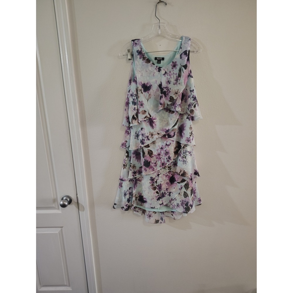 SLNY Floral Tiered Ruffle Sleeveless Chiffon Cocktail Dress Purple Mint Size 10